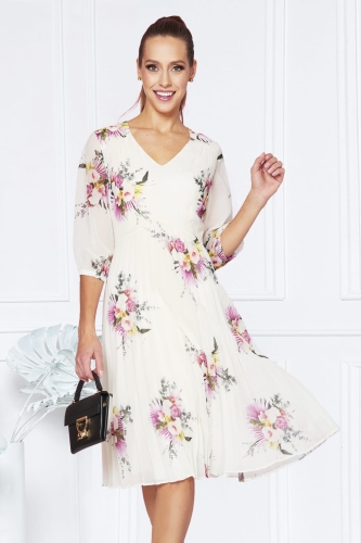 Sukienka plisowana Madlen ecru w kwiaty