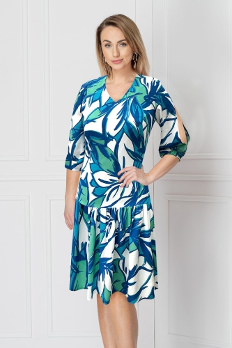 Sukienka w kwiaty biało-turkusowe Elma