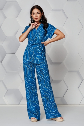 Komplet Irma bluzka i spodnie szerokie z lnu niebieski wzór