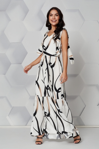 Sukienka maxi Linet ecru w czarno-brązowe fale 