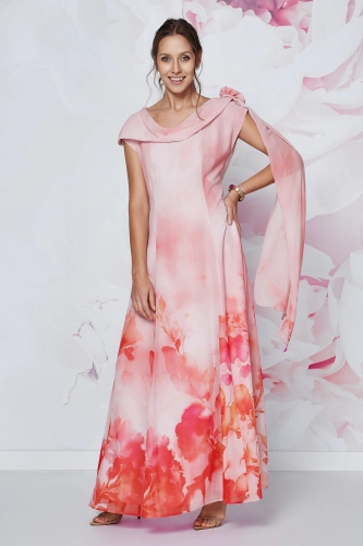 Sukienka wizytowa maxi Amalfi w koralowe kwiaty 